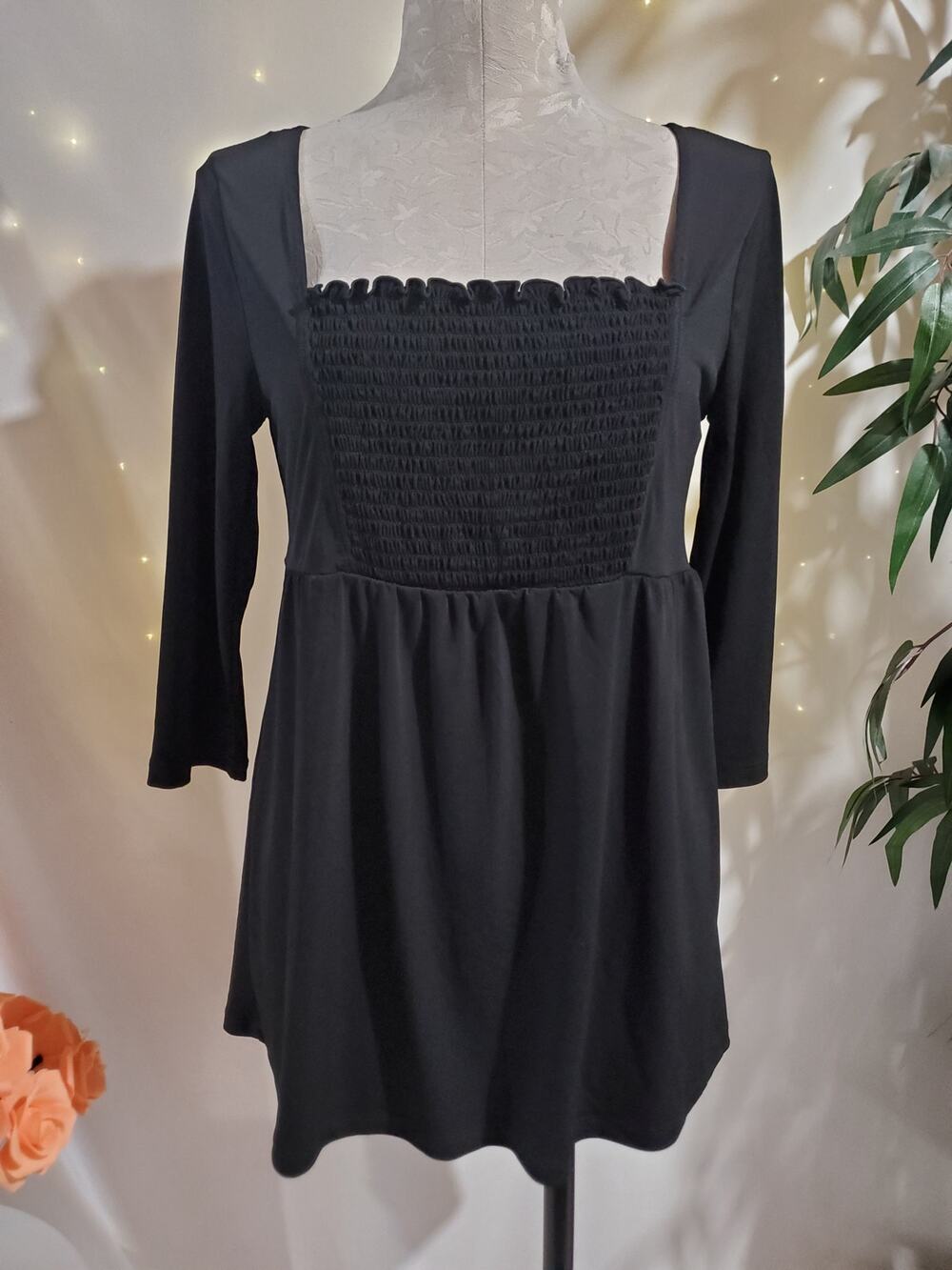 Vtg Y2K AB Studio NWT Womens Smocked Babydoll Square Neck Top M Whimsigoth Black